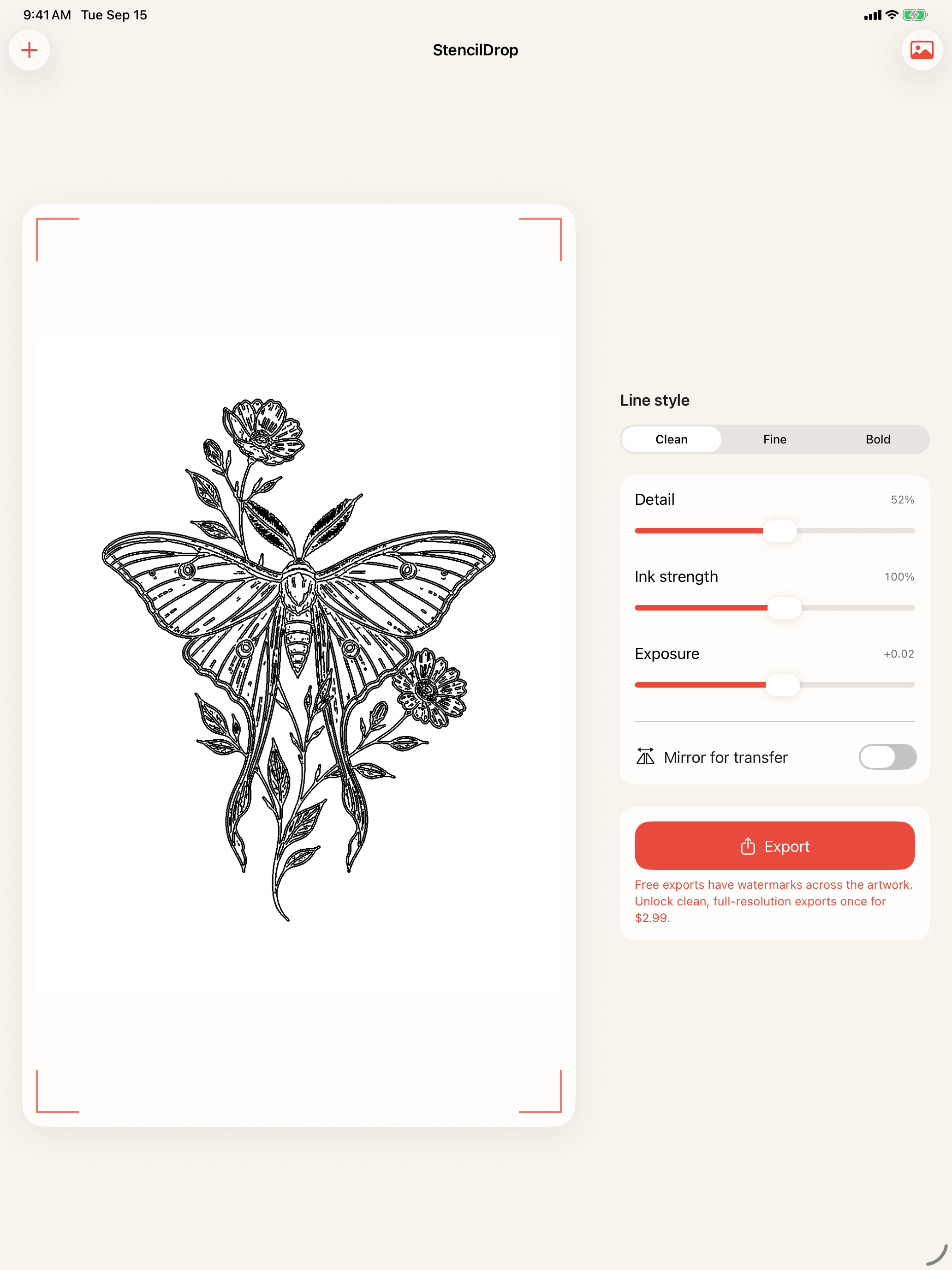 StencilDrop iPad workspace with a large stencil preview and controls shown at the same time