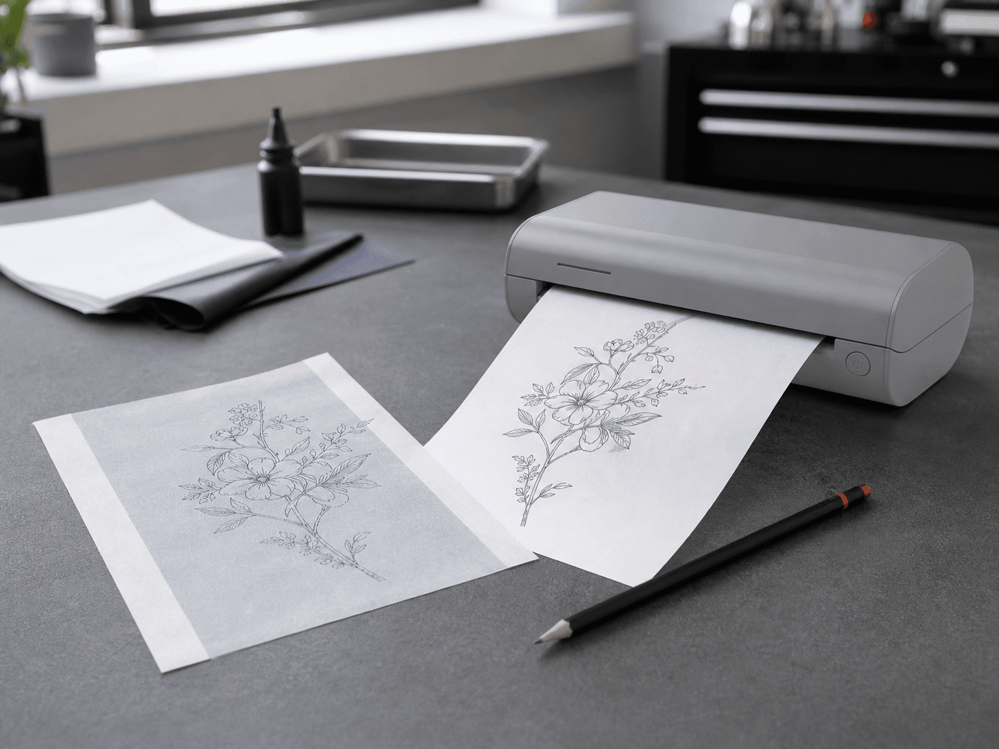 Botanical stencil linework printing from a compact thermal printer